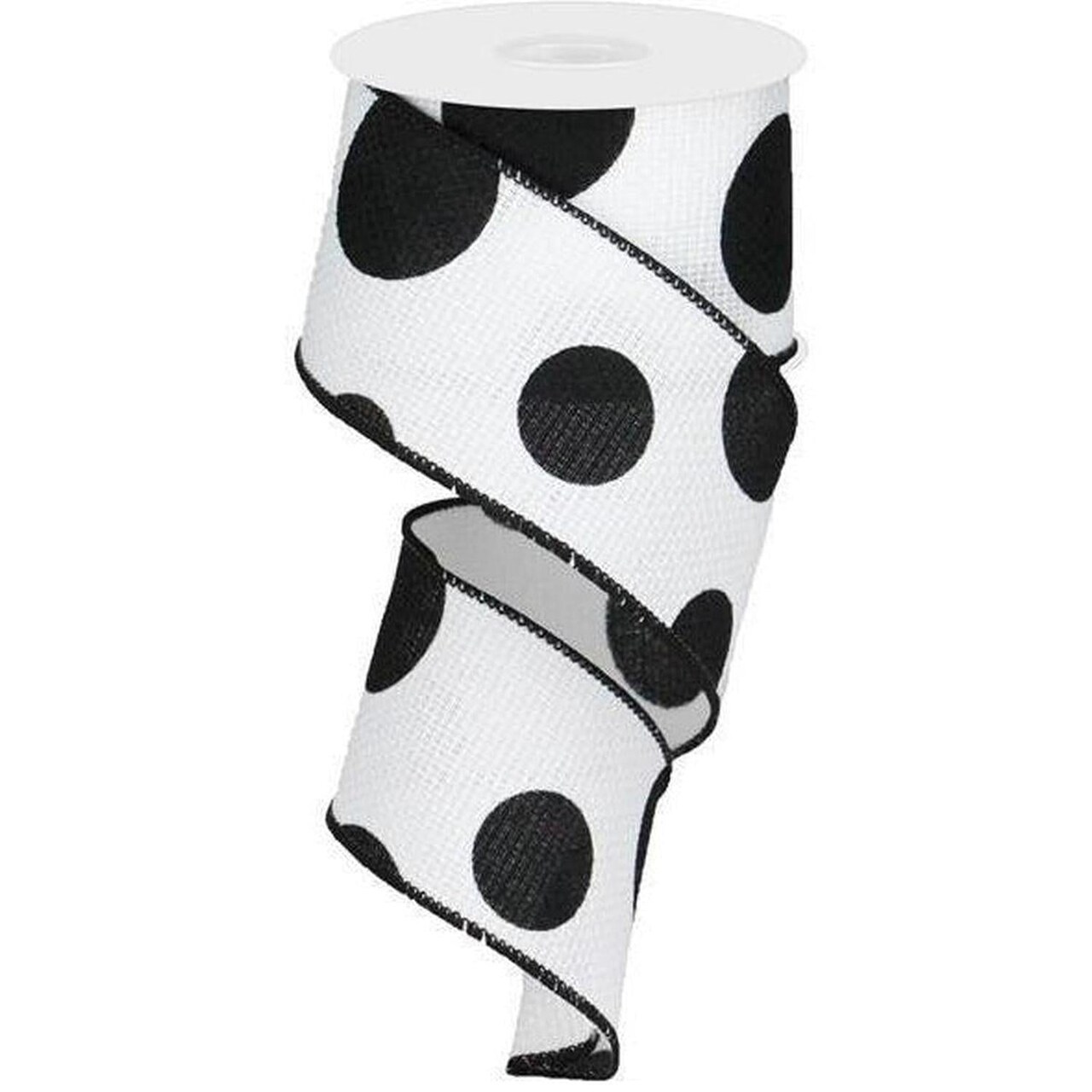 2.5" Faux Burlap Giant Polka Dot Ribbon: White & Black (10 Yards)